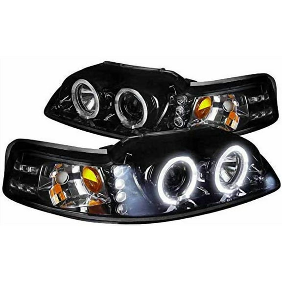 Halo Projector Headlight In Gloss Black Housing Smoke Lens Made For And Compatible With 1999 - 2004 Ford Mustang 99 00 01 02 03 04