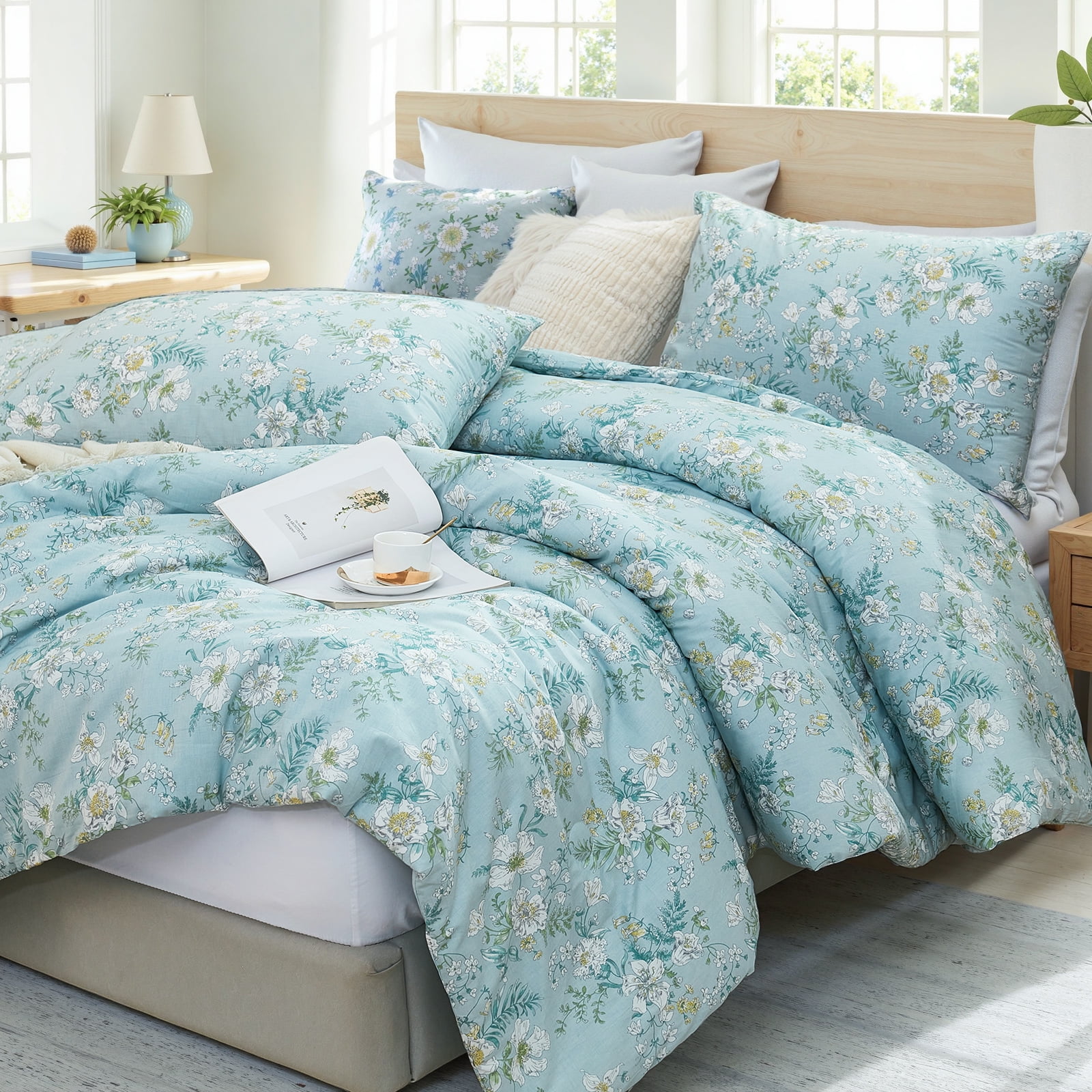 100% Cotton Comforter Set Queen Size, Botanical Floral Comforter with 2 Pillowcases, Vintage Garden Flowers Pattern, Soft Breathable Bedding for All Seasons