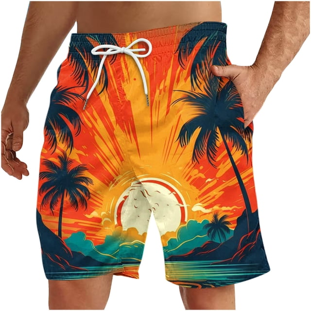 Mens Casual Printed Drawstring Trouser Beach Shorts Pants with Pocket