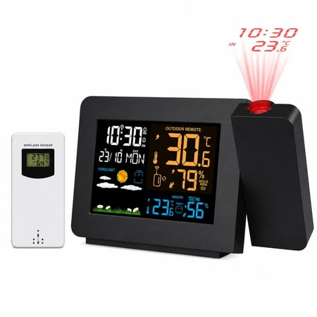INSMART Projection Alarm Clock with Dual Wireless Sensors, Indoor Outdoor Thermometer Hygrometer, Weather Station with Barometric Pressure, 4-Level Dimmable Backlight
