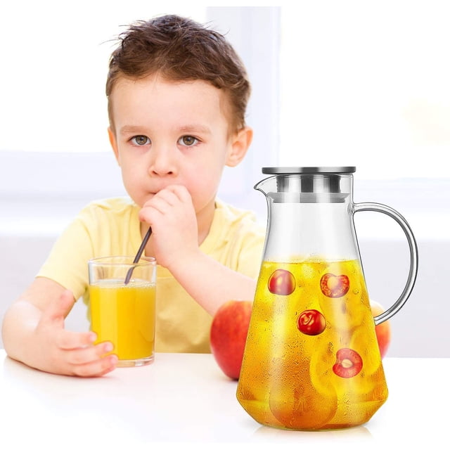 Glass Iced Tea Pitcher with Stainless Steel Strainer Lid, Hot/Cold Water Jug