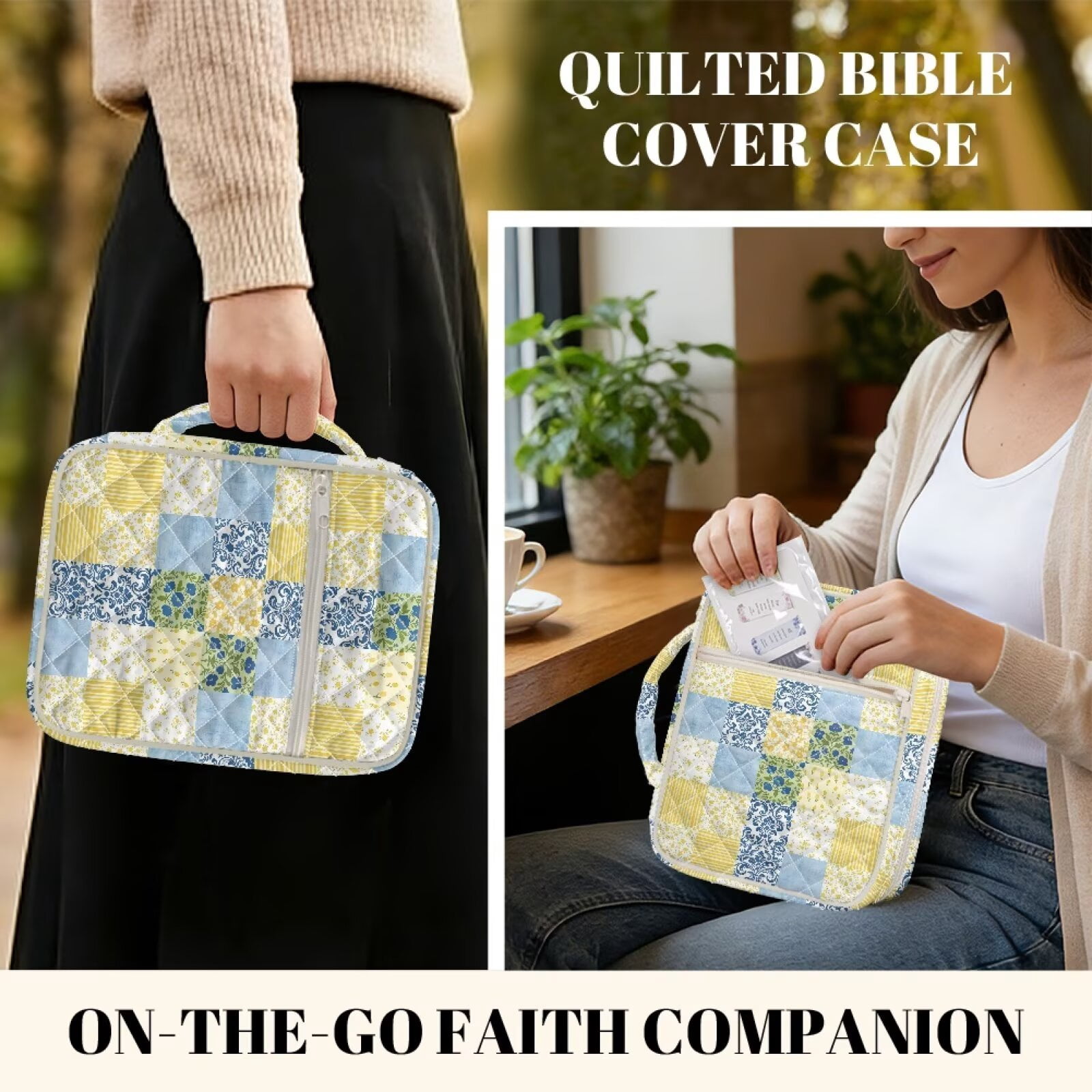 Pzuqiu Checkered Flower Large Bible Case includes 75 Bible Tabs & 12 Bookmarks Multi-Functional Scripture Book Cover Organizer for Book Lovers ,Bibles Accessories Perfect Gift