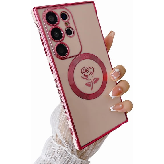 Compatible with Samsung Galaxy S23 Ultra 5G Magnetic Phone Case,Compatible with Magsafe Luxury Plating Cute Rose Flower Case Women Side Floral Pattern Soft Shockproof Bumper Case (Pink)