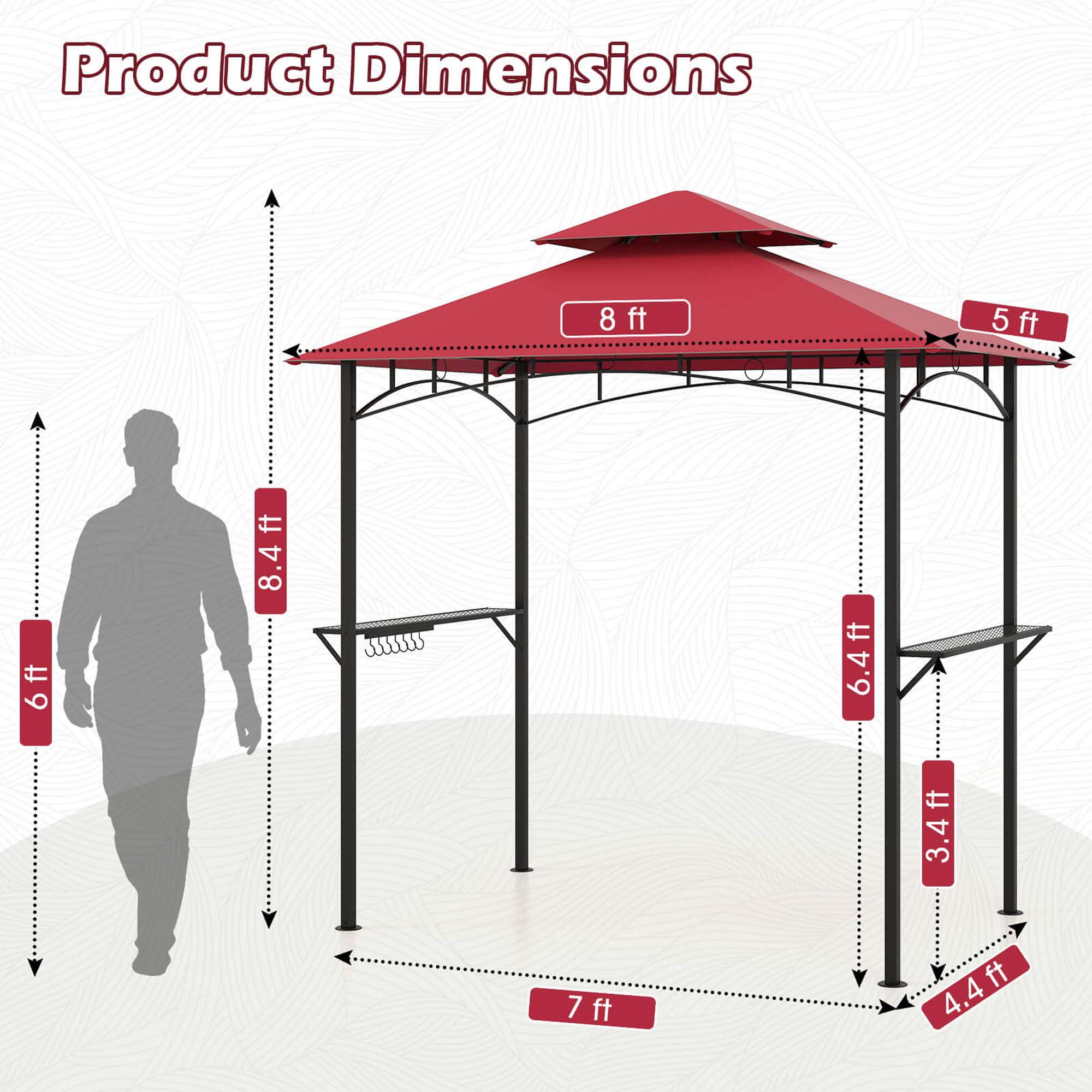 Costway 8' x 5' Grill Gazebo with 2 Shelves 7 Hooks Metal Frame Soft Top Wine