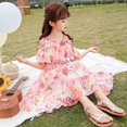 thumbnail image 1 of Robe en Mousseline pour Filles Été 10 Style Étranger 8 Robe Florale de Princesse pour Fille Tendance Bal Fête Robe à Taille Cintrée Vêtements pour Enfants 2 à 12, 1 of 6