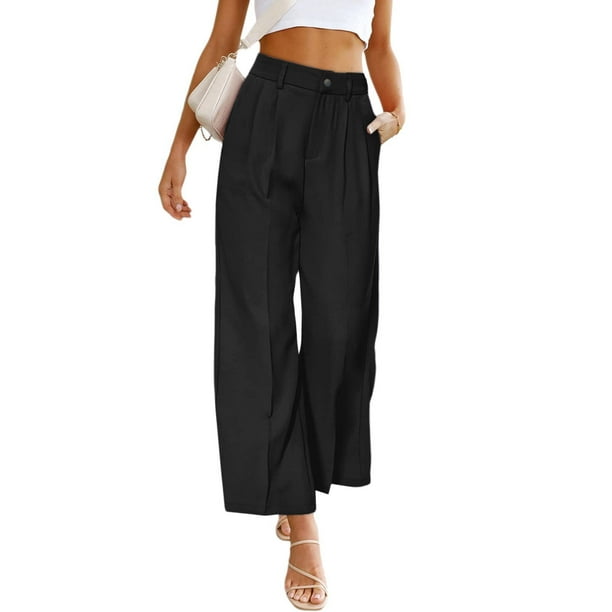Pantalones de vestir casuales de pierna ancha para mujer, de estilo europeo y americano, con cintura alta y botones y bolsillos, para primavera y verano