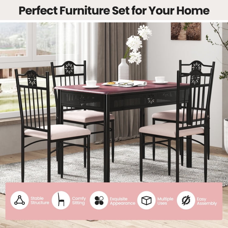 Finihen Dining Set, Dining Table Set, 5 Pcs Dining Set Wood Metal Table and 4 Chairs with Cushions, for Home, Restaurant, Beige