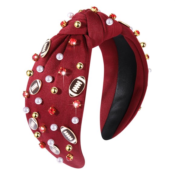 ZOLEAROPY Diadema de fútbol con perlas y diamantes de imitación, diadema con nudo superior anudado, accesorio para el cabello para el día del juego, regalo para fanáticos de las mamás del fútbol (rojo