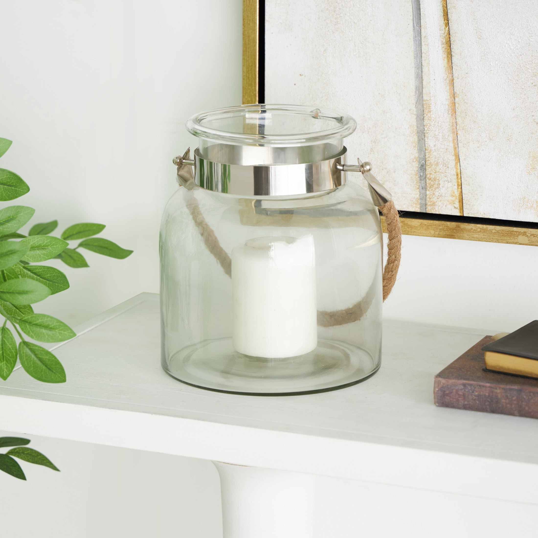 DecMode Clear Glass Handmade Decorative Candle Lantern with Rope Handle
