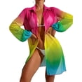 thumbnail image 2 of LYMAYTER Women Tulle Short Dresses Printed Beach Blouse Multicolor Cover-Up Long Sleeve Sunsuits S-XL, 2 of 8