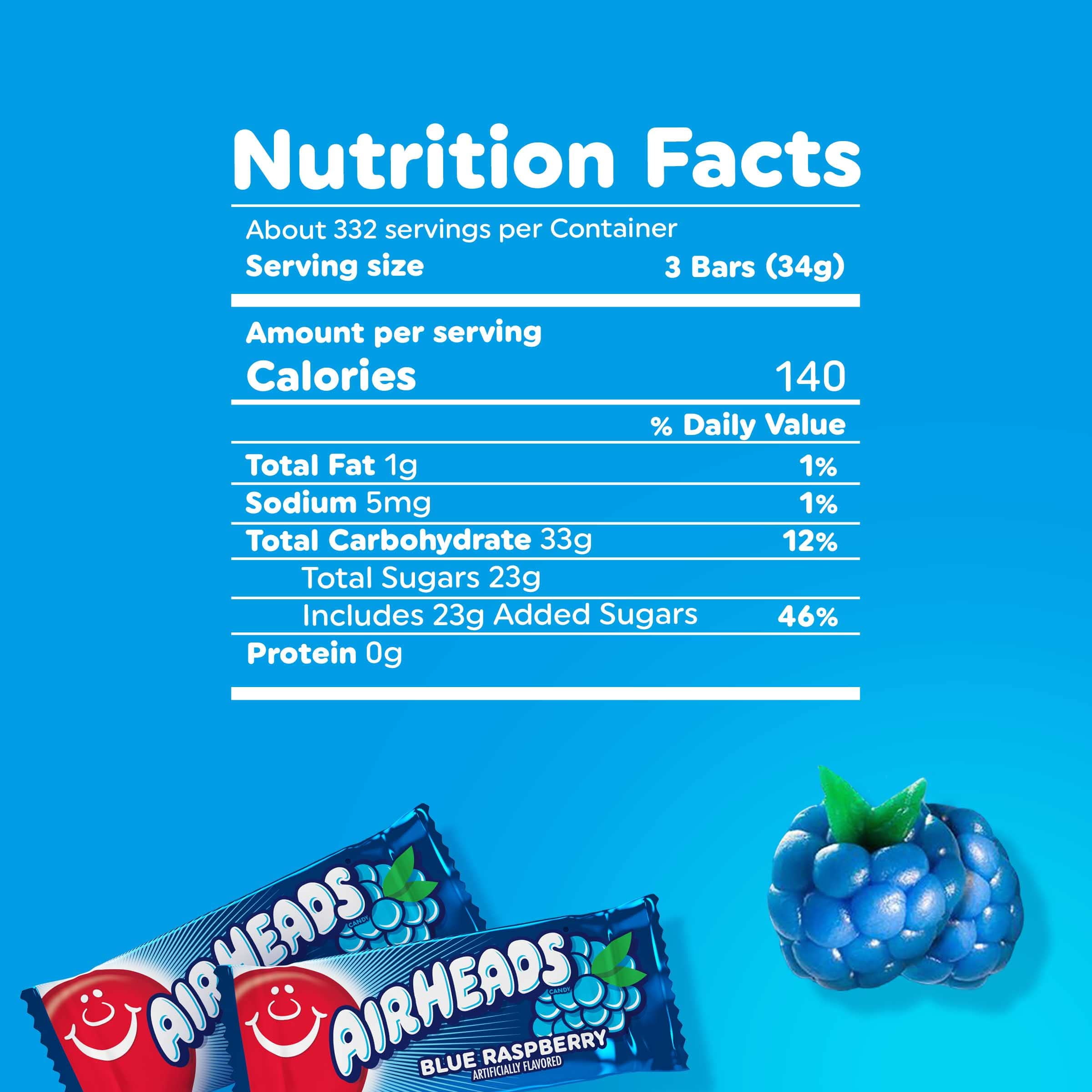 Airheads Candy Mini Bars, Blue Raspberry Flavor, Individually Wrapped, Bulk Box, Non Melting, Party, 5 Pound Bag