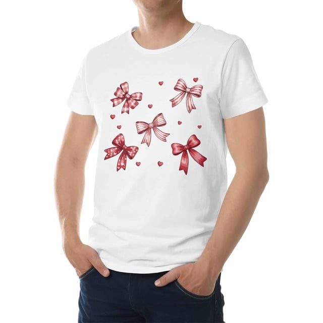 Camisetas para hombre, camiseta romántica de algodón con cuello redondo y lazo de corazón, manga corta para hombre, San Valentín, corazones con lazo
