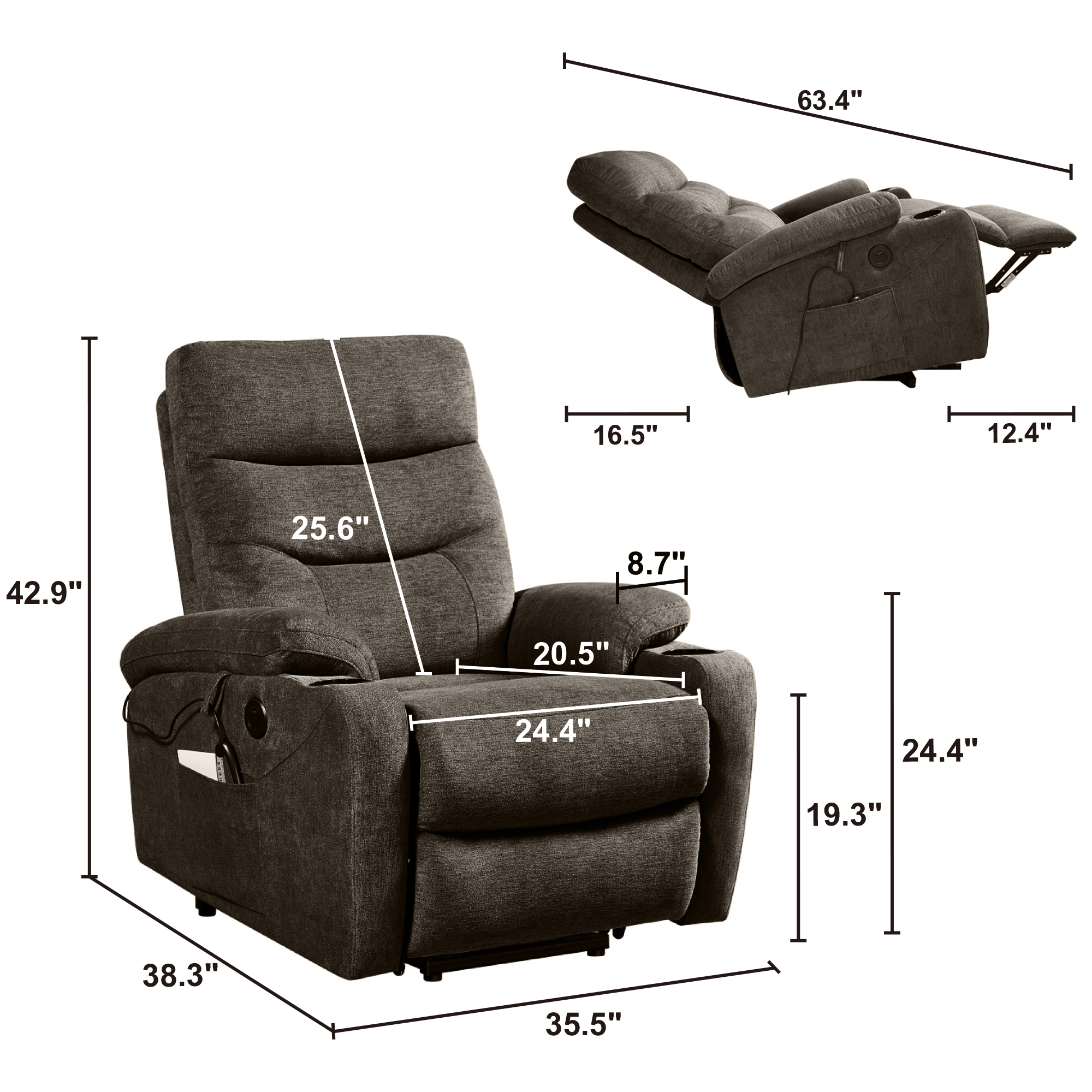 Aukfa Electric Power Lift Recliner Chair with Massage and Heat, USB Ports, 2 Side Pockets, Cup Holders for Elderly, Dark Brown