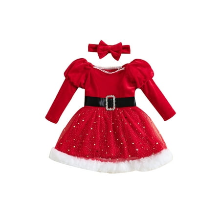 

Qtinghua Infant Toddlr Baby Girls Christmas Outfits Long Sleeve Stars Dress with Headband Clothes Red 12-18 Months