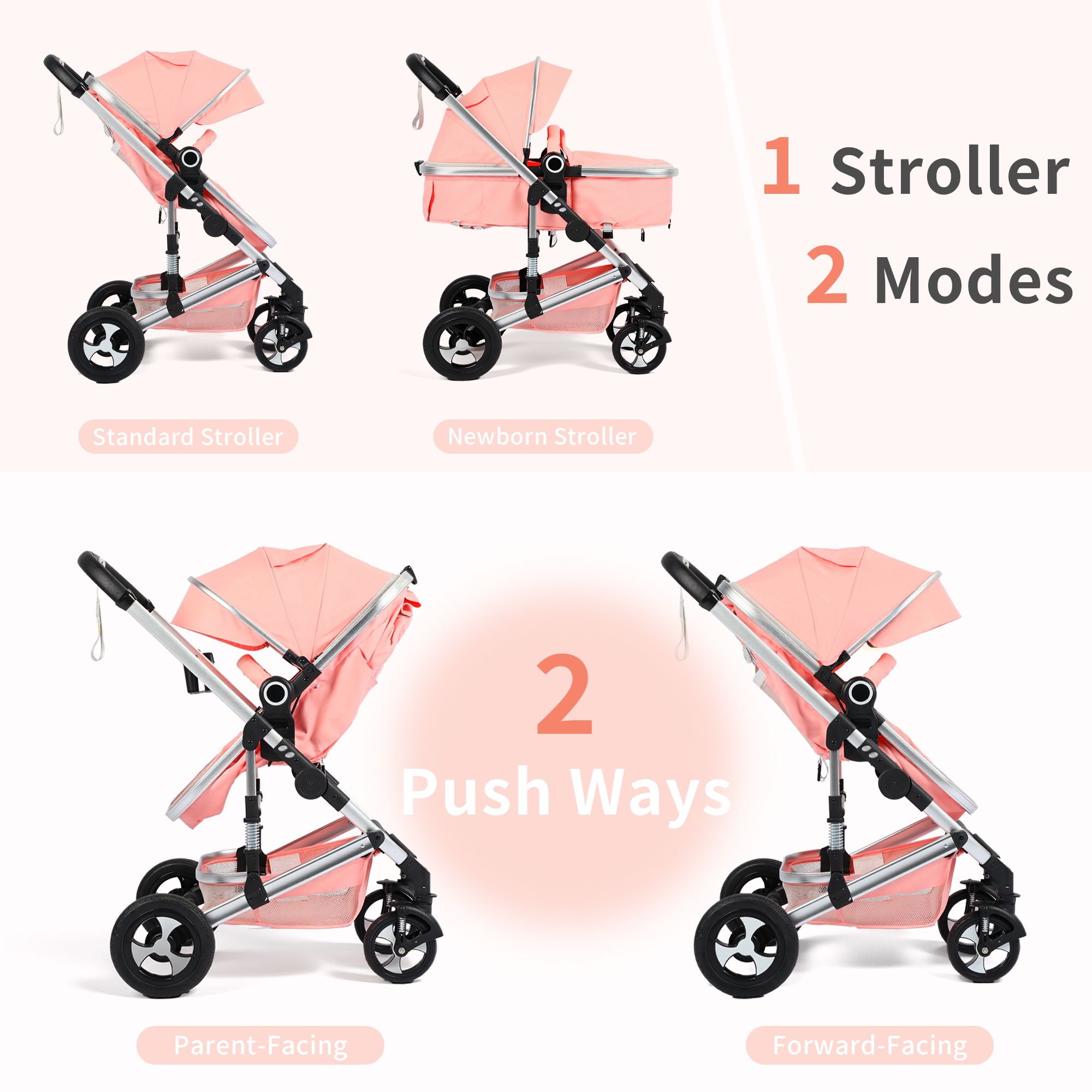 AILEEKISS 3-in-1 Convertible Baby Stroller, Pink photo 3