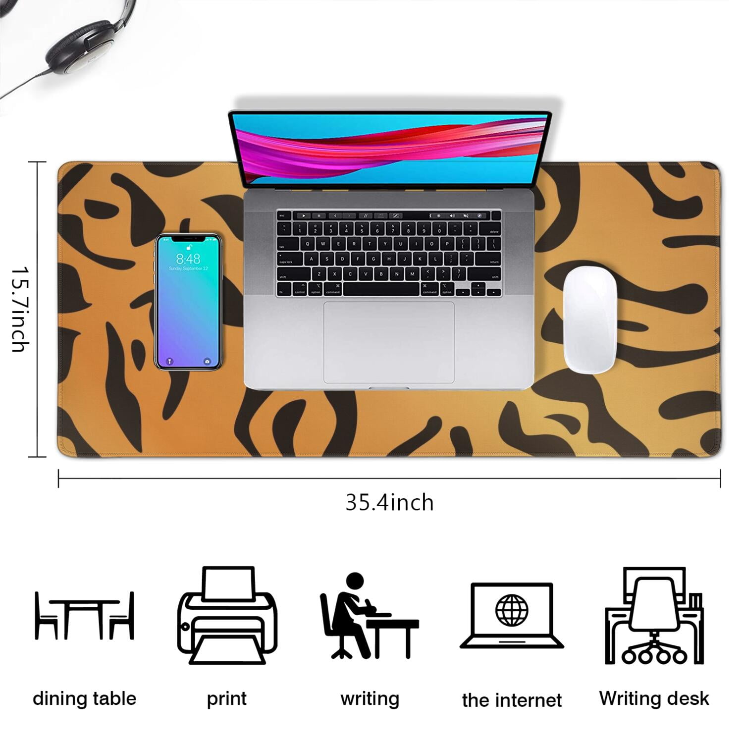 Long Mouse Pads for Desk,Orange and Black Of Leopard Print Desk Mats on Top Of Desks, Desk Mouse Pad Extra Large with 3mm Non-Slip Base and Stitched Edge for Gaming,Office,Work,Home 35.4"x15.7"