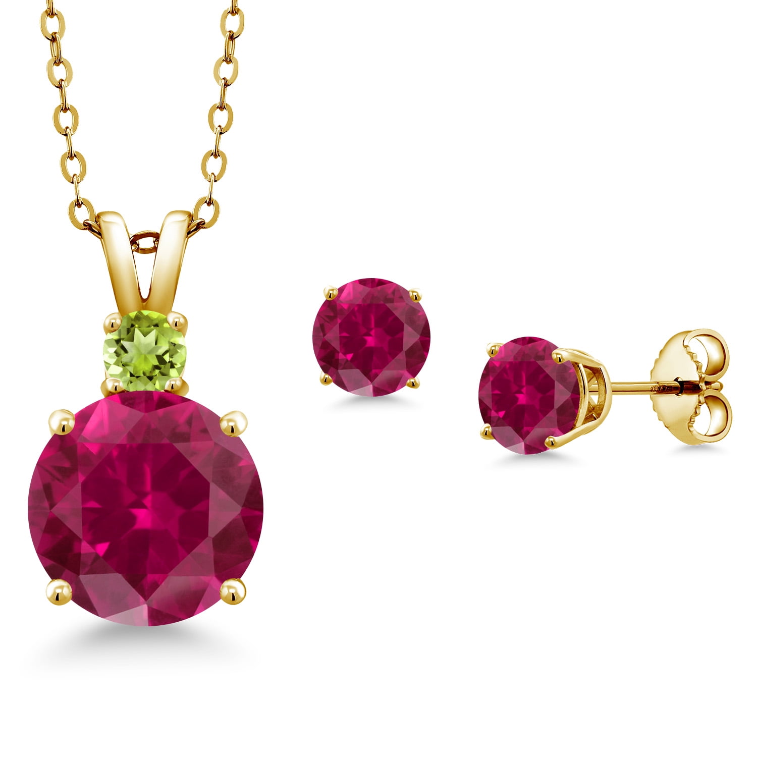Gem Stone King 18K Yellow Gold Plated Silver Round Red Created Ruby and Green Peridot Pendant and Earrings Jewelry Set for Women (5.41 Cttw, Gemstone Birthstone, with 18 inch Chain)