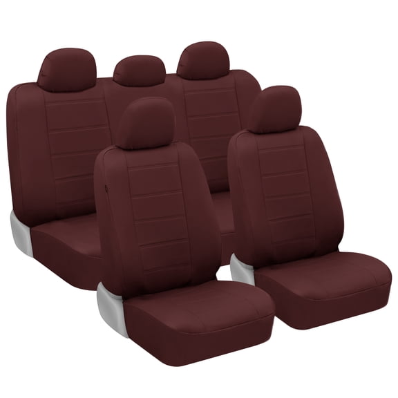 BDK 9-Piece Burgundy Leather Car Seat Cover Full Set, Front Seat Cover and Rear Bench Seat Cover Universal Fit Car Seat Covers for Cars Trucks SUVs Vans, Complete Full Coverage Protection For Vehicle