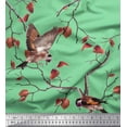 thumbnail image 1 of Soimoi Green Viscose Chiffon Fabric Dry Leaves & American Goldfinch Bird Print Sewing Fabric BTY 42 Inch Wide, 1 of 2