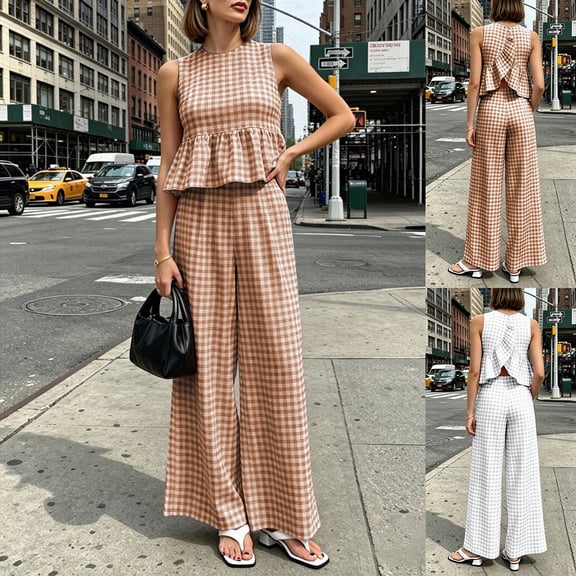 Hueook Vacation Outfits For Women 2 Piece Sets Sleeveless Ruffle Trim Top Wide Leg Pants Boho Brown XL