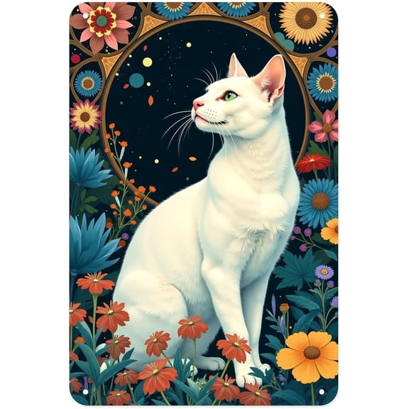 White Cat Flower Garden Vintage Metal Tin Sign, 8 x 12 in, Wall Decor for Porch, Yard, Bar, Bedroom, Kitchen