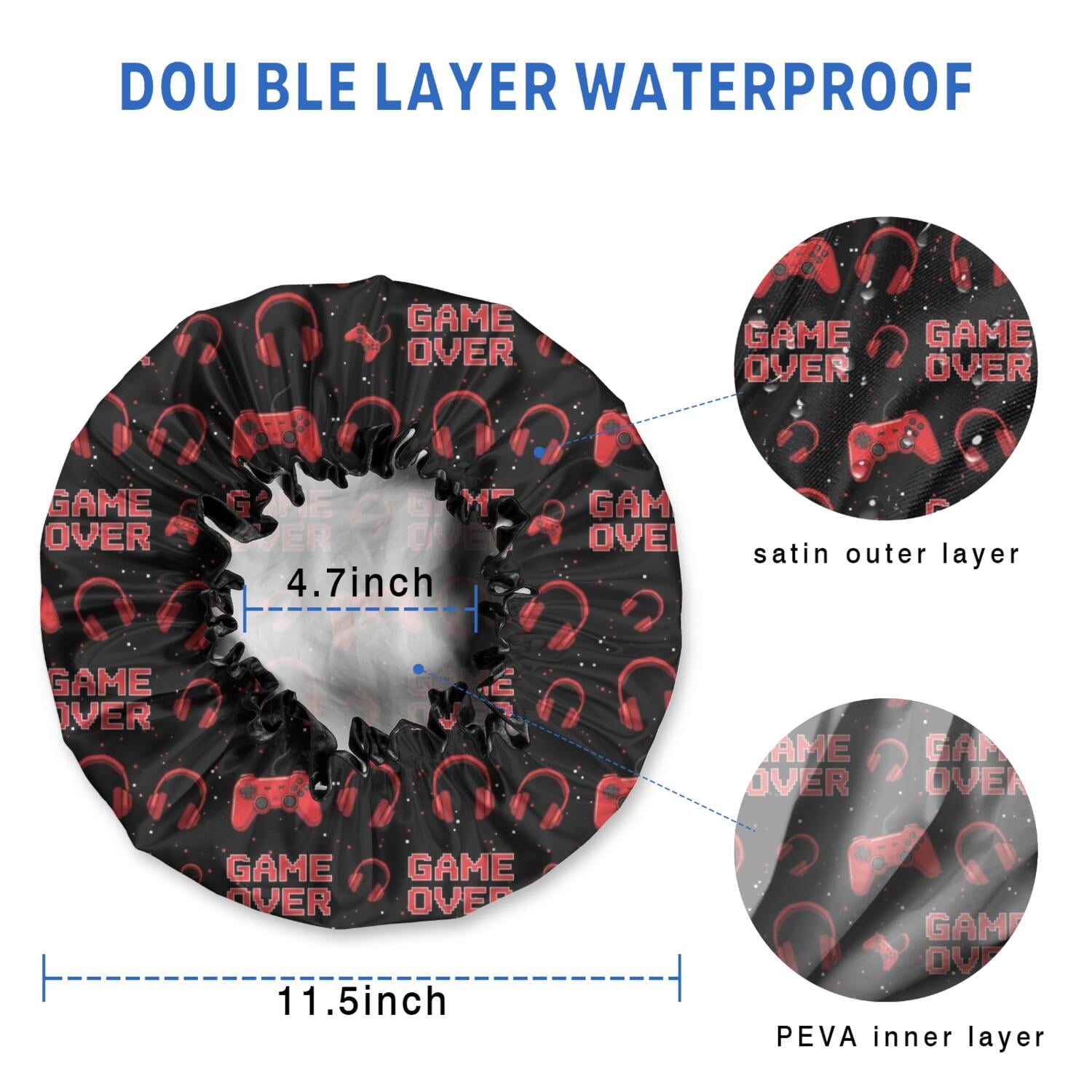 Shower Caps,Red Controllers Games Icons Black Pattern Waterproof Shower Cap for Women 4 Pieces,Double Reusable Hair Cover for Shower PEVA Elastic Stretch Hem
