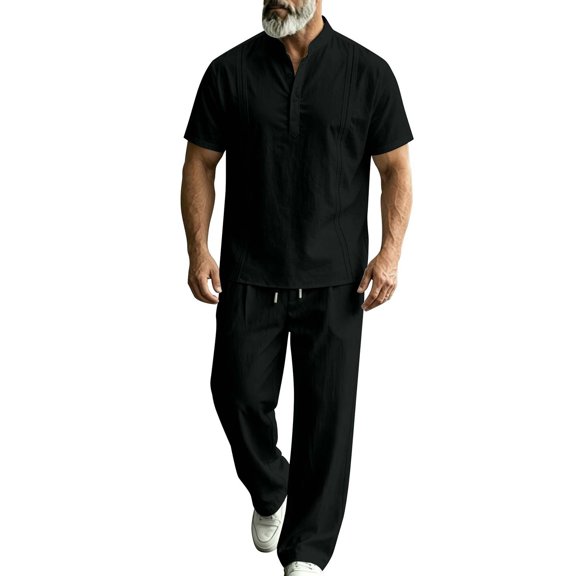 Gytharion Cotton Linen 2 Piece Outfits for Men Stand Collar Buttoned Short Sleeve Shirts with Elastic Waist Long Pants Sets Fashion Casual Outfits