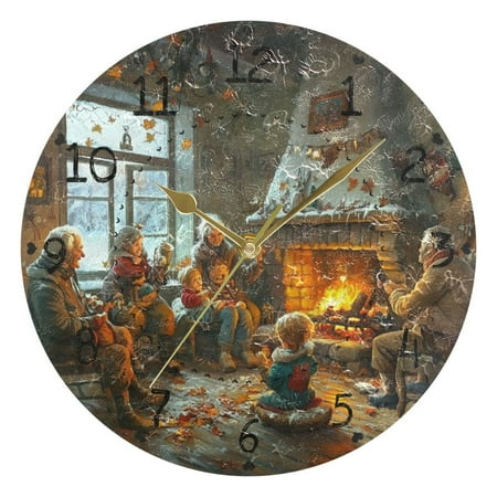 Thanksgiving Family Time Round Wall Clock Silent Battery Operated Home Decor for Living Room Bedroom