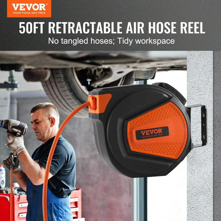 BENTISM Retractable Air Hose Reel, 3/8 IN x 50 FT Hybrid Air Hose