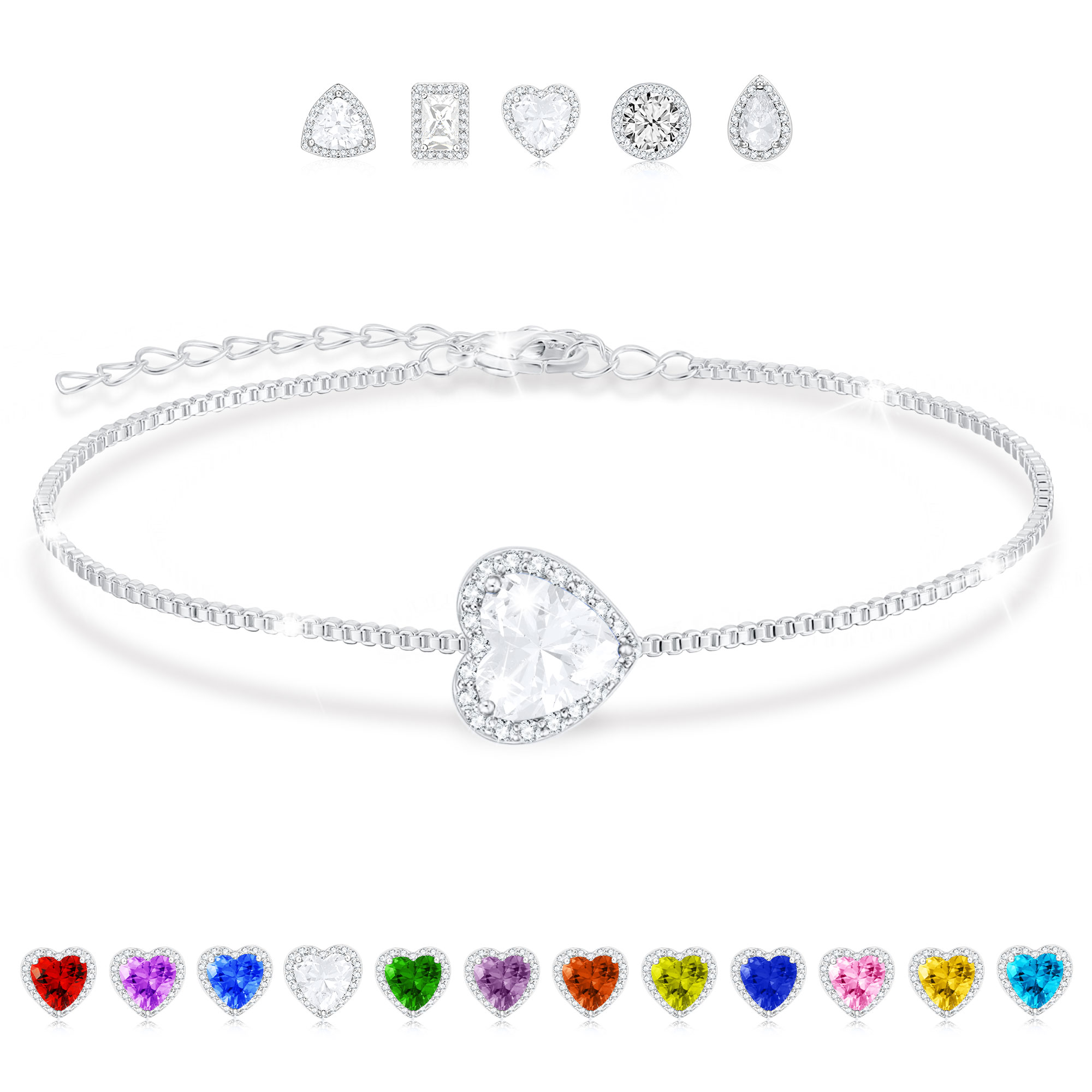 APSVO S925 Sterling Silver Plated Love Heart Charm Bracelets for Women Girls April Birthstone Bracelet Birthday Graduation Jewelry Gifts Teen Her Mom Adults Female Wife Kids Age Ideas