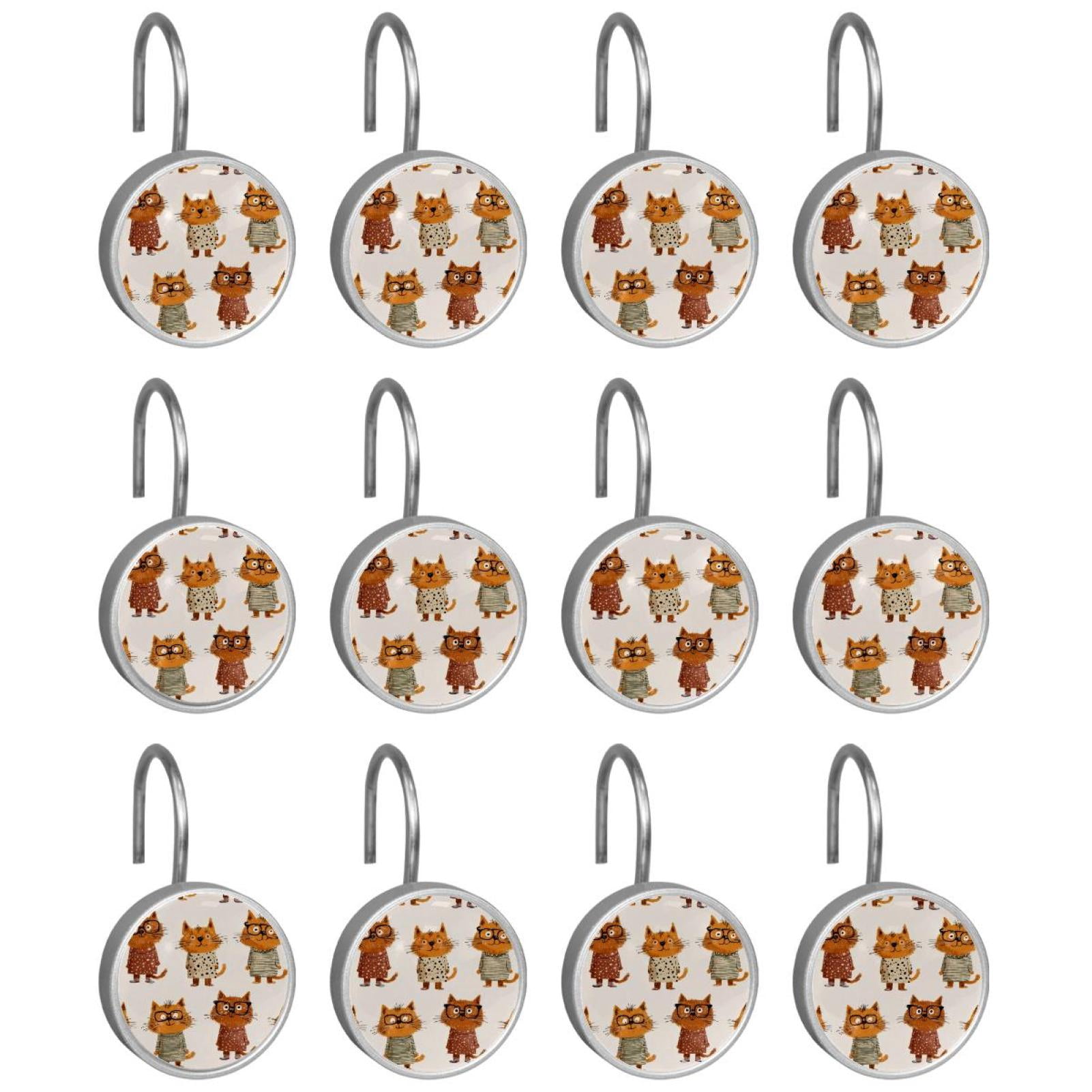 12pcs Decorative Shower Curtain Hooks, Rust Resistant Shower Rings for Bathroom Living Room,Rustproof Stainless Steel Rings for Shower Curtain and Liner Rods,Cartoon Sweater Glasses Cat
