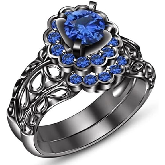 Divine_creation 14K Black Gold Plated 2.25 Ct Round Cut Blue Sapphire Wedding Engagement Thanksgiving Christmas Bridal Ring Set 925 Sterling Silver For Women's -4.5