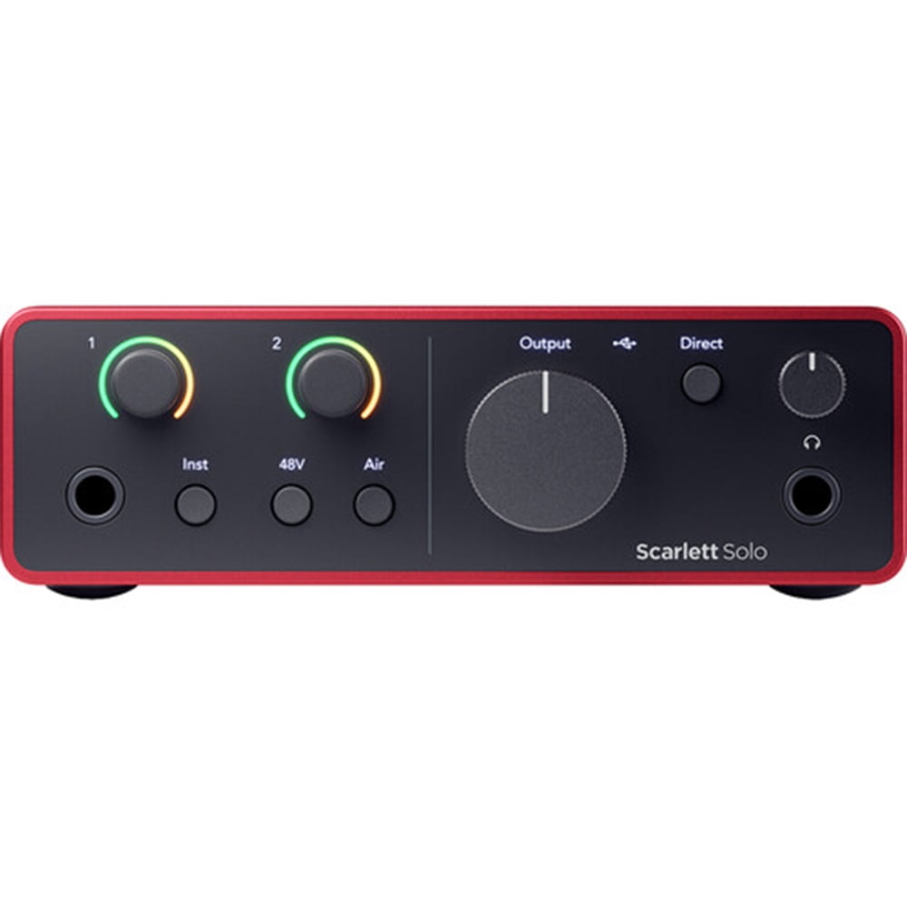 Focusrite Scarlett Solo USB-C Audio Interface (4th Generation) with Clamp On Headphone Holder, Tripod Mic Stand + Boom, Kellopy Pop Filter & XLR Cable Bundle