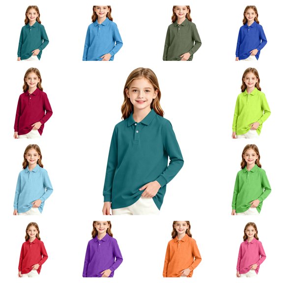 Grblisyd Girls Long Sleeve Polo Shirt Cute Collar Tops Kids Fall School Uniform Shirts Casual Performance Golf Shirts
