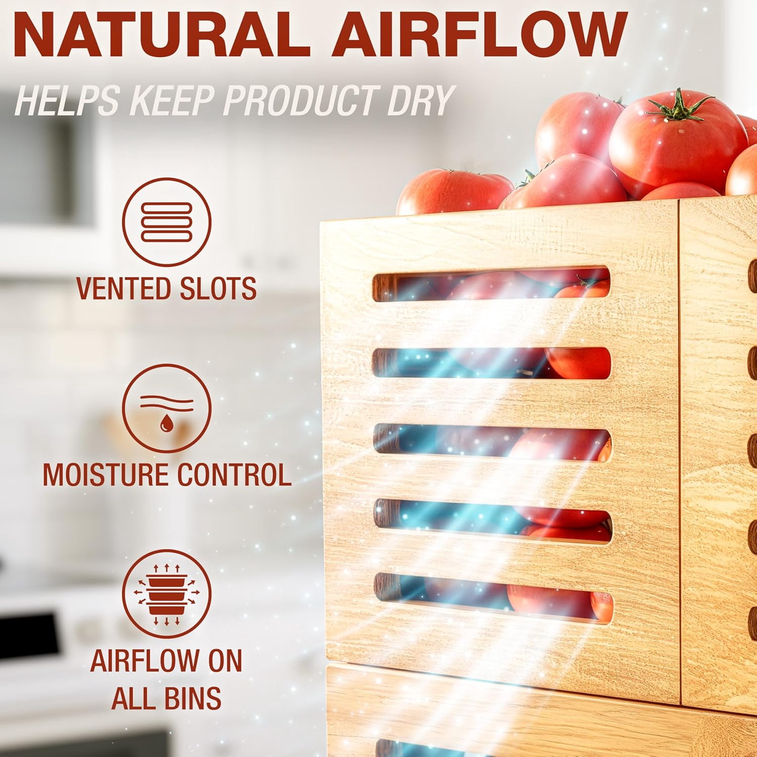 Homestead Acacia Wood Pantry Storage Bins, Stackable Bins Open Front Organizer, Ventilated Potato and Onion Storage Bins with Handles, Wooden Fruit Basket for Kitchen, Set of 3, Natural Wood
