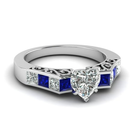 1 And 1/2 Carat Heart Shaped Channel Set Princess Cut Diamond & Sapphire Vintage Engagement Ring In Solid 14K White Gold GIA