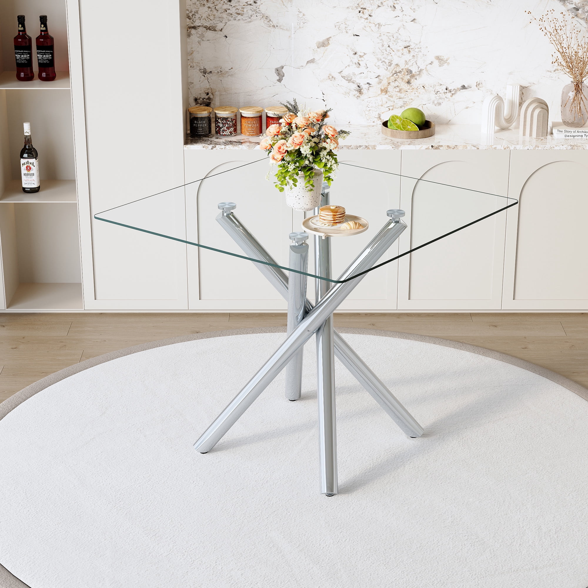 Alvantor 37.8" Round Tempered Glass Bar Table with Silver Metal Cross Legs