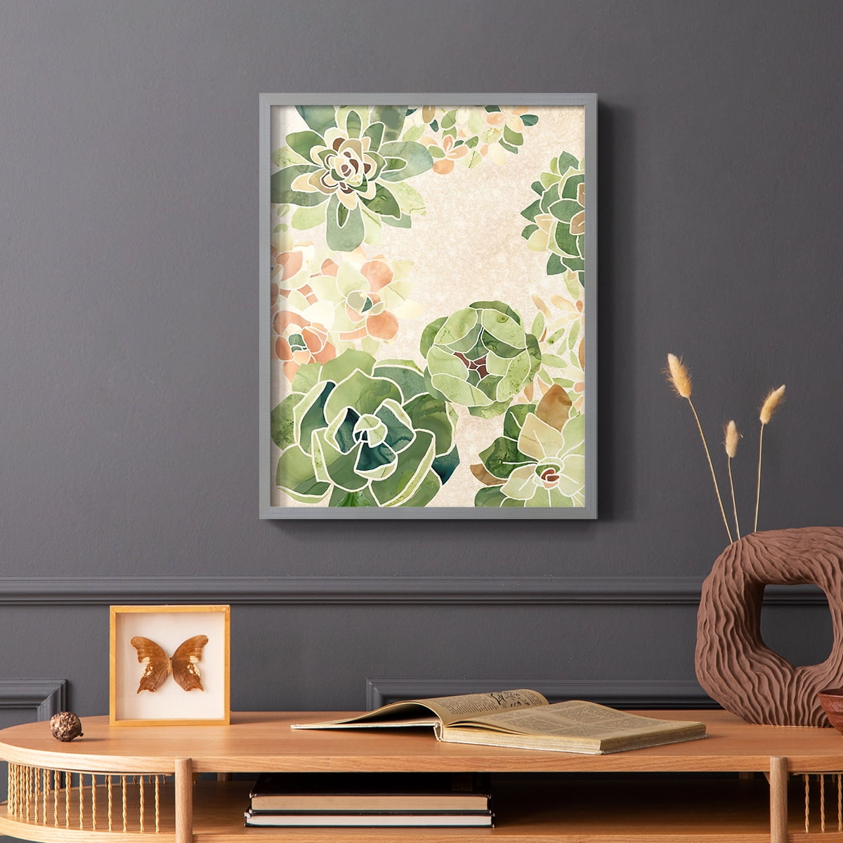 Stained Glass Succulents I Framed Print in Gray Solid Wood Framed Print No Nail Hanging