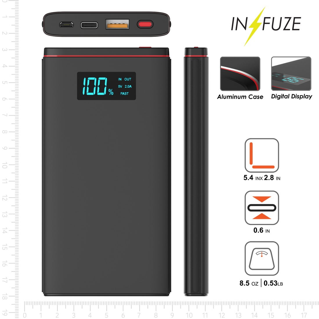 Power Bank Portable Fast Charger - 10000mAh External Battery [QUICK CHARGE 2.0/3.0] with 2 Ports [1x USB 1x Type-C] and EASY TO READ LED DISPLAY for Sonim XP8, XP10, XP5plus