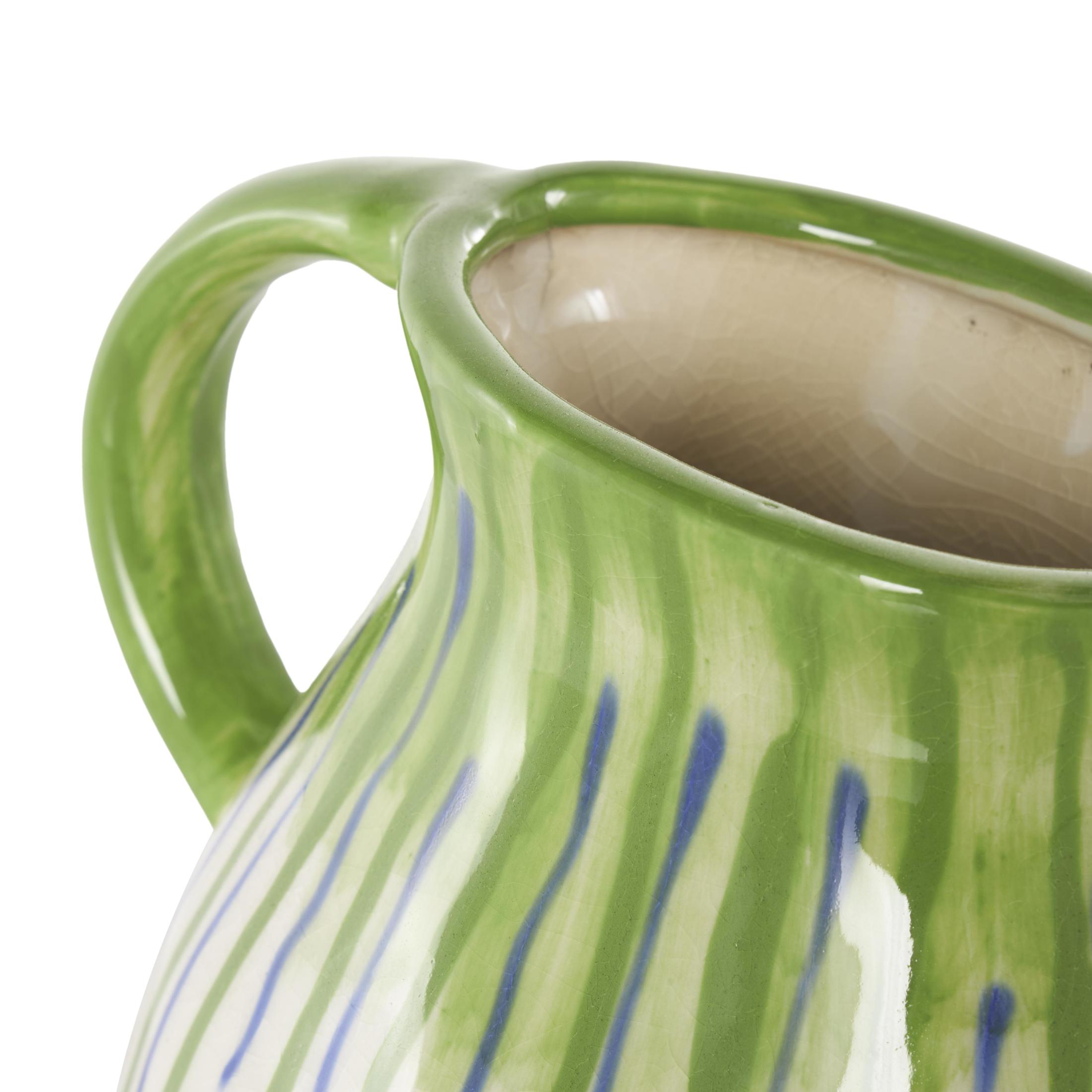 DecMode 11" Abstract White Ceramic Vase with Green and Blue Drip Design and Handle
