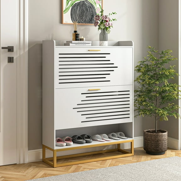 Canddidliike 2 Tiers Flip Doors Wood Shoe Cabinet Storage Organizer Holds 16 of Pairs of Shoes, White