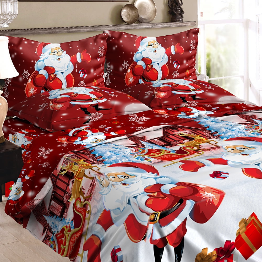 Queen Size 4 Pcs Christmas Pattern Bedding Duvet Cove Pillowcase Sheet Case Set 