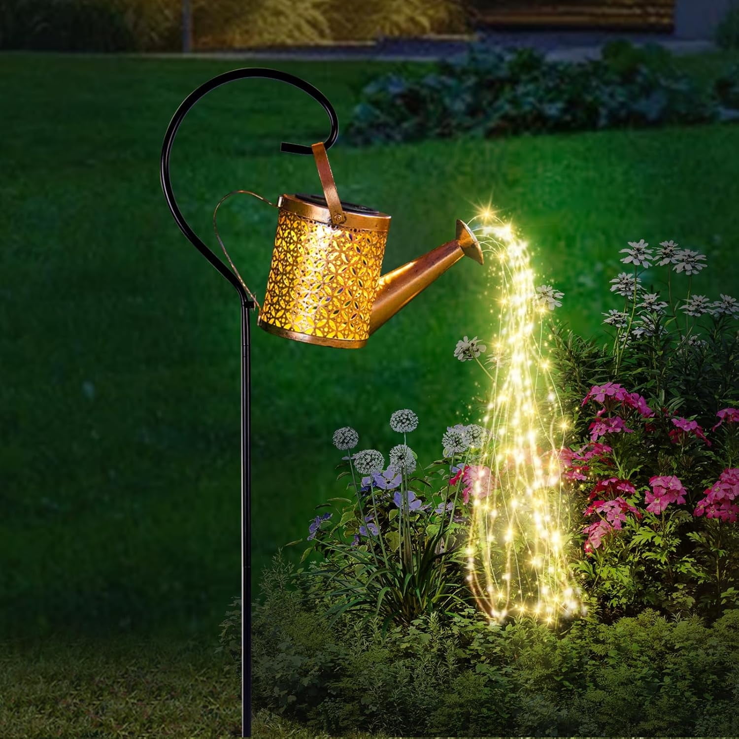 Solar Kettle Shower Lamp, Wrought Iron Outdoor Garden Light with Warm White LED String Lights, Watering Can Design Solar Powered Decorative Light for Patio, Yard and Party