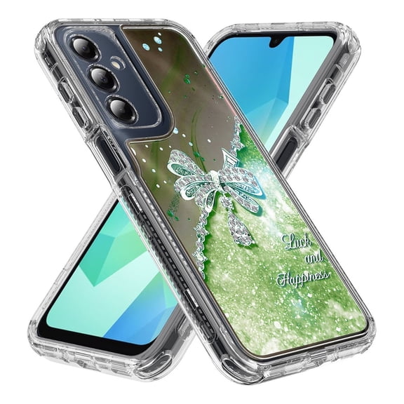 Rosebono Compatible With Samsung Galaxy A16 Sparkle Rhinestone Diamond Colorful Butterfly Graphics Design 3-Layer Hybrid Armor Cover Case (Green)