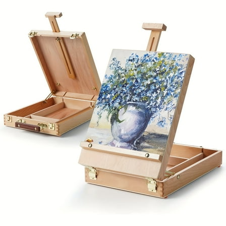 Medium Wooden Desktop Corner Art Box Natural Wood Finish, Adjustable Painting Easel Artist Easel for Creative Workspace Art Supply Organizer