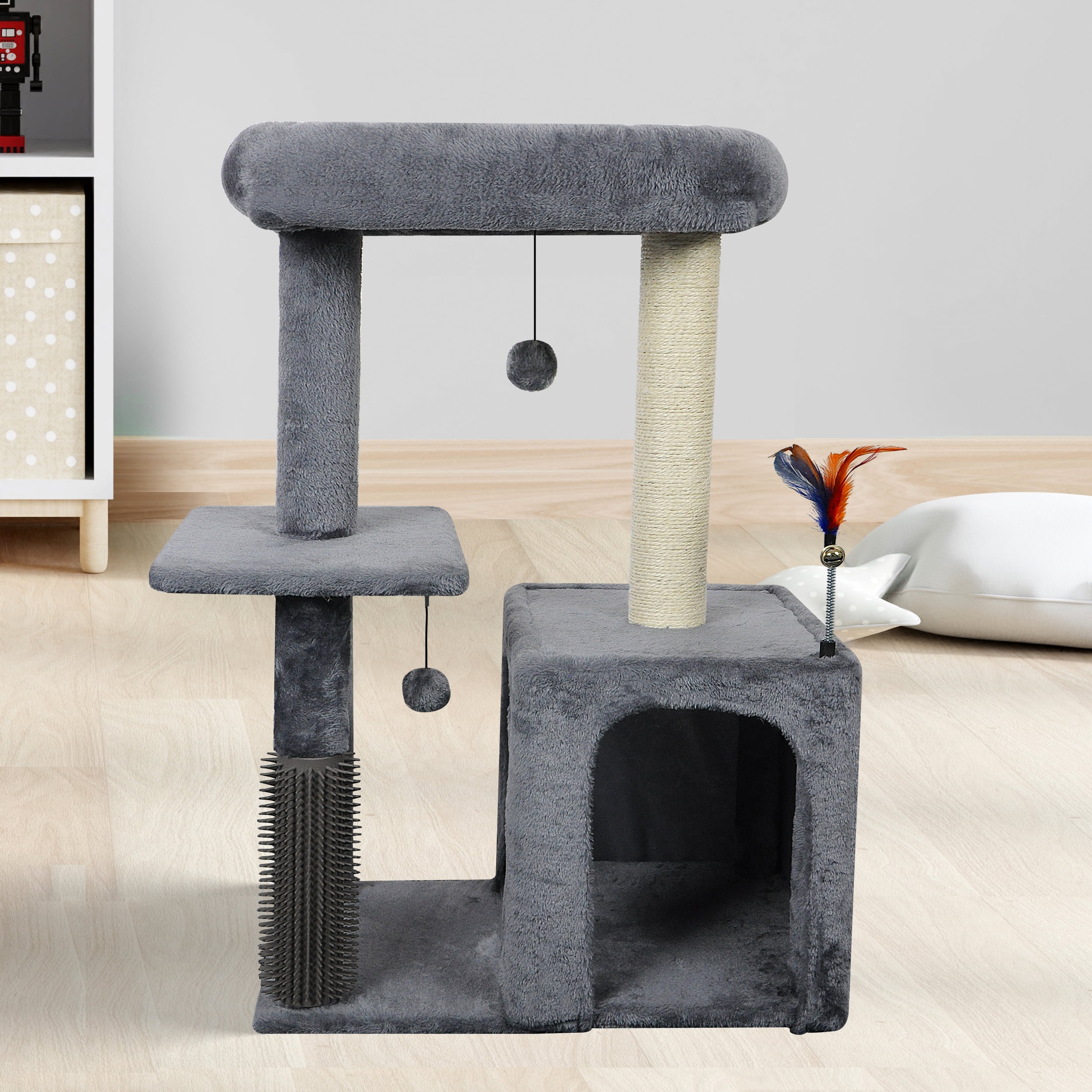 WK 31.50" Cat Tree for Indoor Cats with Cat Condo and Scratching Post,Cute Cat Tower with Self-Grooming Brush and Toy Balls,Grey