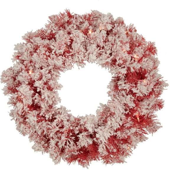 Northlight Pre-Lit Flocked Artificial Christmas Wreath - 24" - Red - Clear Lights