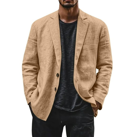 Evdexr Mens Button Down Blazer Linen Big and Tall Suits Long Sleeve Striped Beach Dress Shirts Casual Cotton Stretch Wrinkle Free Jackets Camel XL