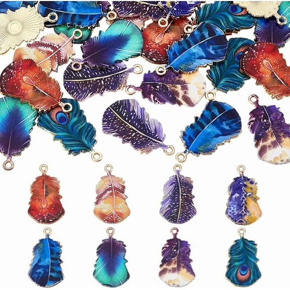 PH 32pcs 8 Colors Feather Charms Feather Pendants Colourful Leaf Charm Printed Enamel Vintage Style Western Charm for Jewelry Making 1.26x0.8 Inch Hole: 1.8mm Colorful
