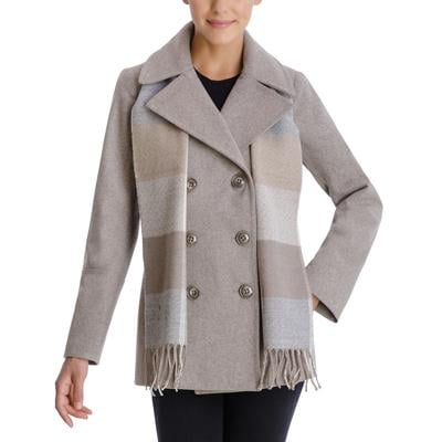 London Fog Petite Double-Breasted Peacoat & Plaid Scarf - Taupe Heather